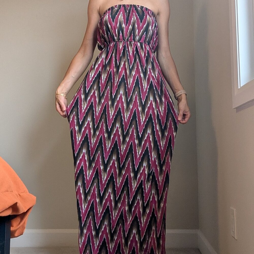 Streetwear Society, strapless, maxi dress, burgundy, tan, black Size Small